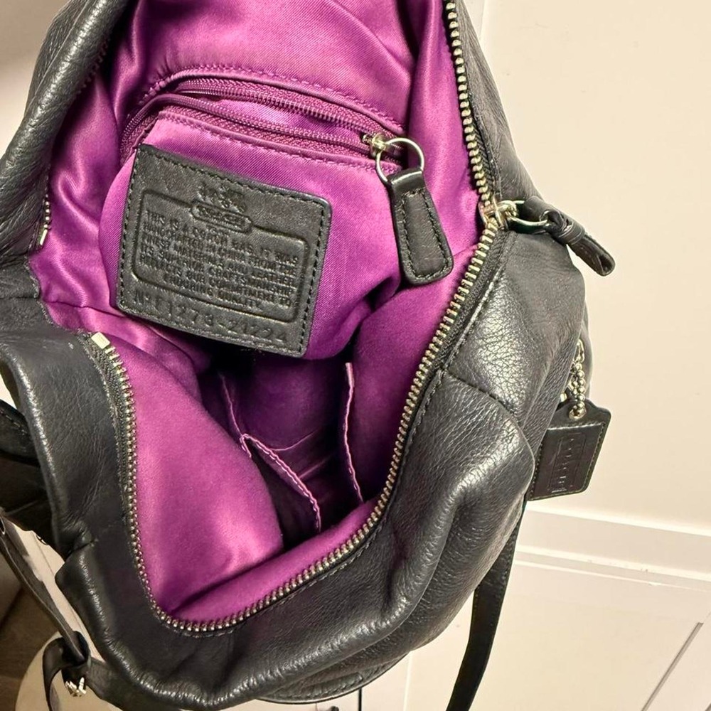 Coach Black Pebbled Hobo Shoulder Bag Zip Top Purple Lined Pockets Silver - Picture 5 of 8